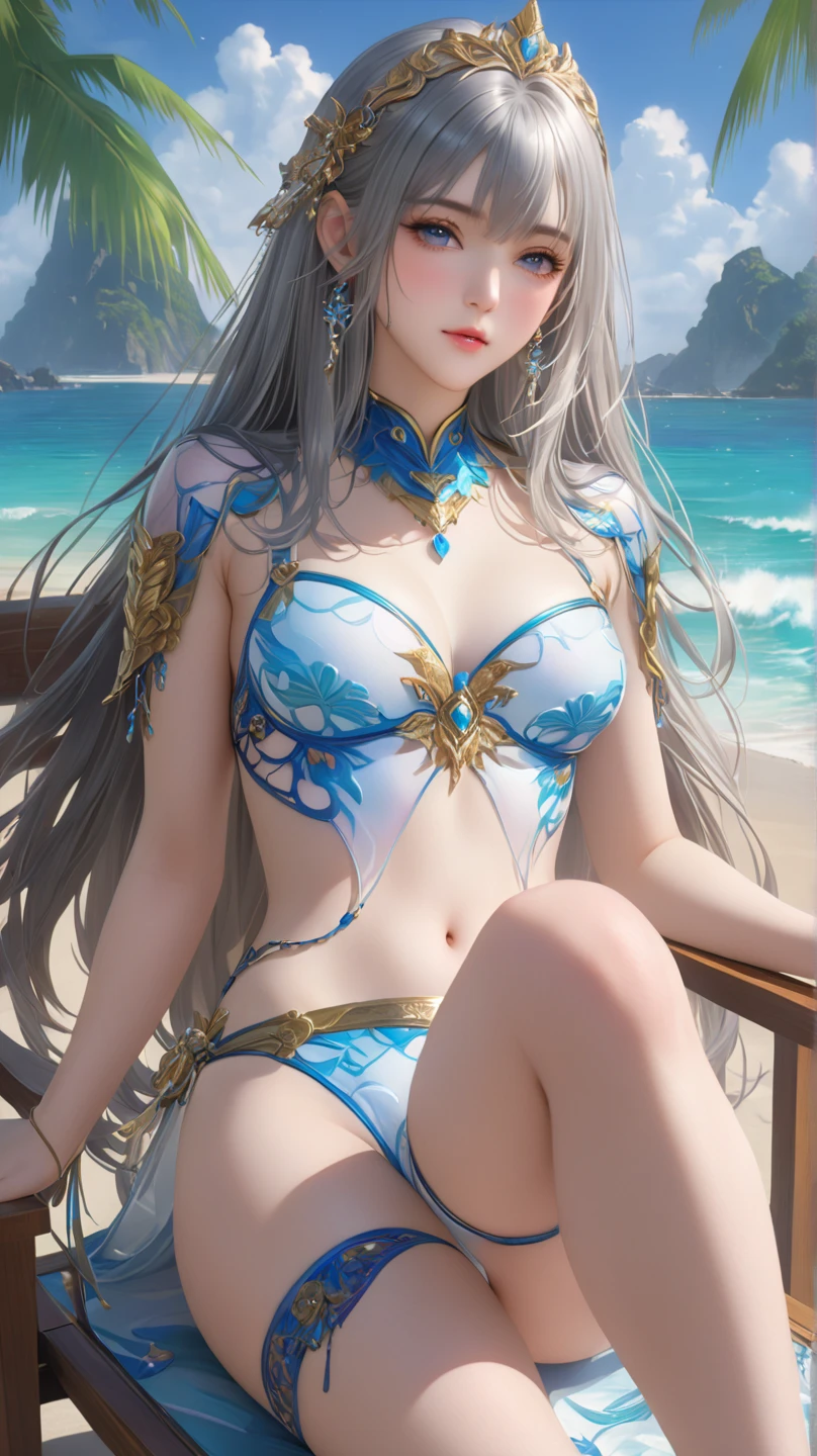 1girl, solo, white hair, long hair, braid, hair over one eye, blue eyes, large breasts, (hands on own chest, parted lips:1.2), thigh gap, (bodysuit), bare shoulders, navel, puffy long sleeves, wide sleeves, cleavage, (underboob:1.2), (hip vent:1.2), partially fingerless gloves, blue nails, nail polish, ring, hair ornament, jewelry, (tassel), tassel earrings, (gold trim), cowboy shot, white background,, masterpiece, best quality,