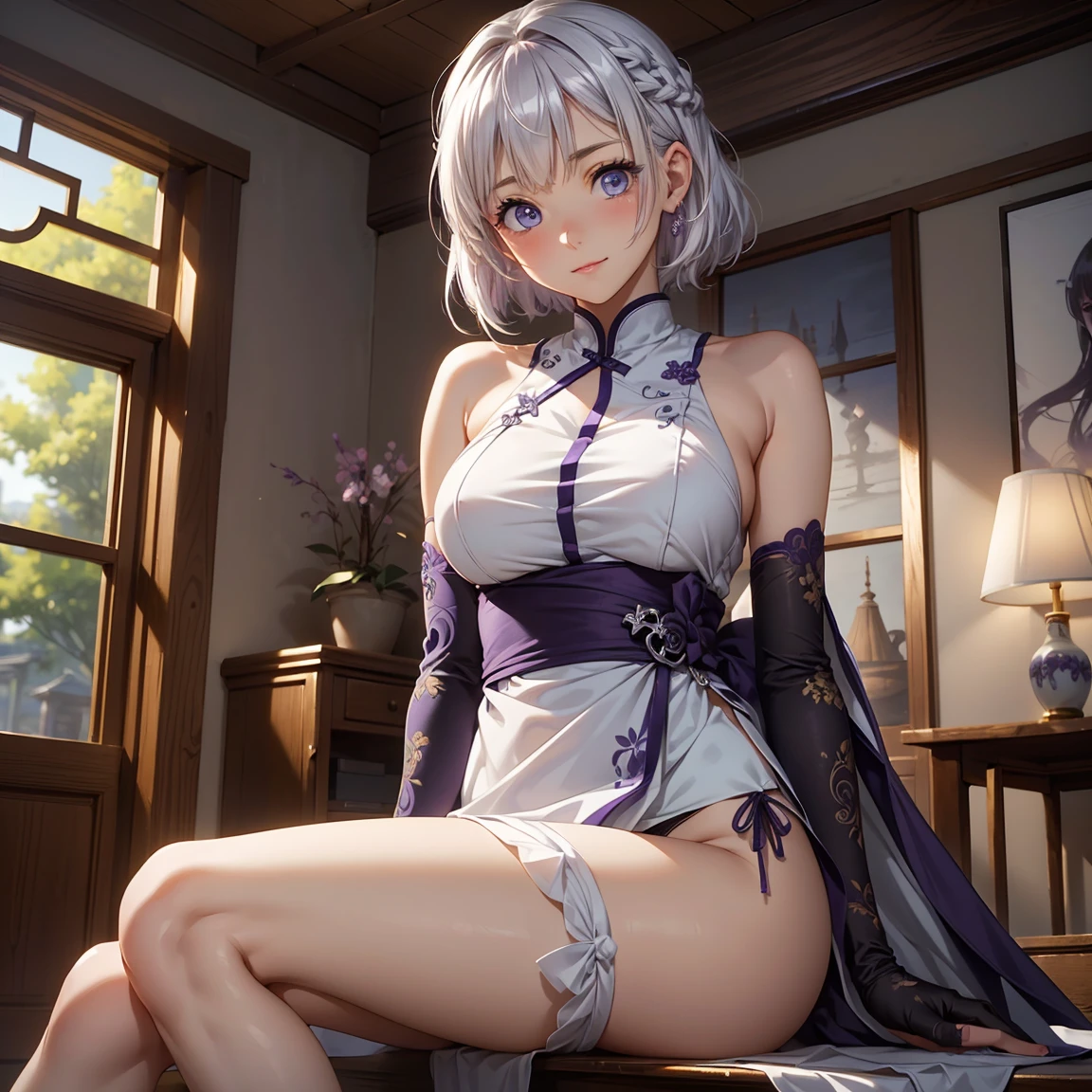 (((1girl, solo, full body, full body front))), ((standing)), (perfect anatomy, perfect hands, perfect legs, perfect body), beautiful body, natural proportions BREAK
(((extremely detailed face))), (beautiful detailed eyes:1.6), (realistic pupils, realistic iris:1), expressive eyes, looking at viewer, (clear eyes:1.3), (hyperrealistic:1.2), (detailed skin texture:1.2), smooth skin, ((purple eyes)), ((silver hair)), silver hair with blue tips, long hair, (hairband:1.3), ((black hairband)), bangs, ((hair ornament)), (smile), blush, large breast, (detailed lips:1.3), (attractive lips:1.2), (glossy lips:1) BREAK
((a sexy woman dressed in a mini qipao dress)), qipao, ((white qipao:1.5)), (mini qipao:1.5), dress, ((china dress)), (mini dress:1.5), (bare legs:1.3), ((chinese clothes)), ((high slit qipao)), thighs, ass visible through thighs, ((bare shoulders)), high heels BREAK
(minimal background:1.1), (simple background:1.1) BREAK
(masterpiece:1.2), anime-style, top quality, best quality, (beautiful and aesthetic:1.2), (ultra detail:1.3), Ultra-detailed depiction, Ultra-precise depiction, extremely detailed 8k illustration, high resolution, (highly detailed shading), (realistic lighting:1.2), perfect lighting, vibrant colors, dynamic tones, striking hues, 8k, absurd resolution, perfect shadows, hdr, UHD, ambient lighting, realistic, ultra-realistic, photo realistic, highly detailed, rich detail, luminous colors, fine texture, intricate design, professional illustration, (soft light:1.2), (illustration:0.8)
