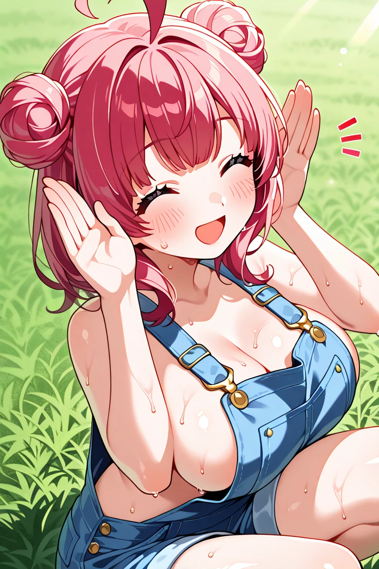 young woman、Big Breasts、All Blue Swimsuit、Left chest naked、Nippleasturbating using a cucumber、Sweat、tongue、short hair、Drooling a lot、smile