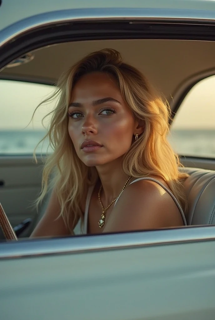 Toffee color skin, beautiful toffee mixed woman 2 with long blond very curly hair and extremely detailled clear yellow eyes, She is sitting in a very big beautiful lixurious car on the passenger side, the interior of the car is made of beige leather, She reaches out her hand through the window of the car to feel the wind against her hand and looks through the window of the car, beautiful sun light, on the road, She wears a brown top with sexy embossed details and blue flared jeans