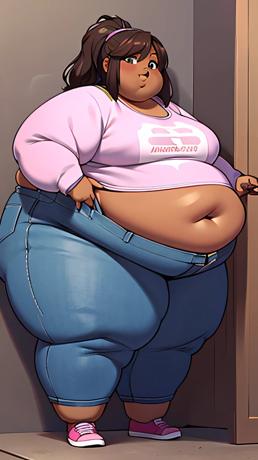 Extremely obese African-American woman, (very dark brown skin), extremely fat, extremely obese, massive belly, massive breasts, saggy belly, black bra, jeans high up her waist, belly partially covered by jeans,