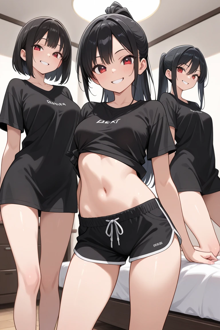 1 girl, pale skin, gray shoulder shirt with black stripe, with black panties, black socks, devil tail, black hair with long bangs, straight black horns, big , with red eyes and big lashes, with sexy poses