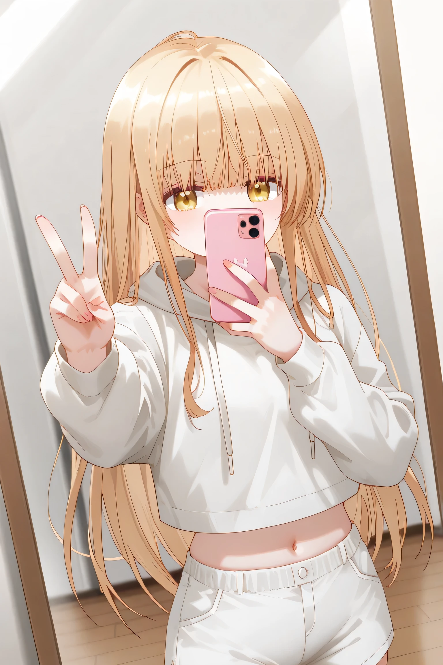 Mahiru Shiina: cropped hoodie, white shorts, taking selfie, holding smartphone in one hand, making a v-sign, mirror selfie style