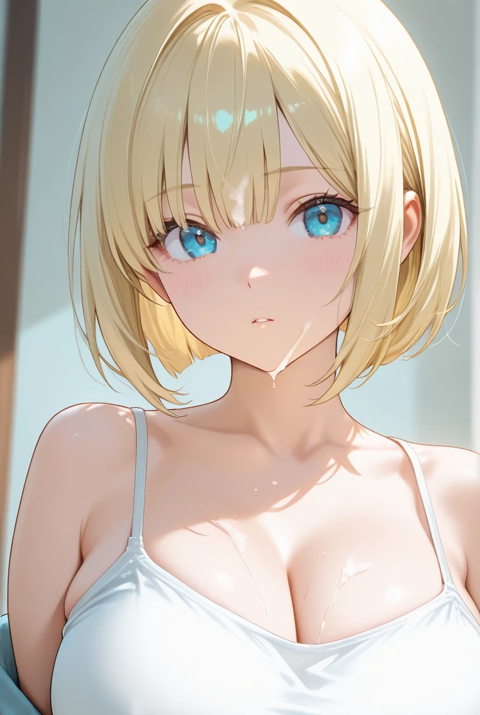 High Resolution, Best Quality, Slender Beautiful Girl, White Swimsuit, Do Not Blush, Club Room, Blonde, Short Cut, Kiss