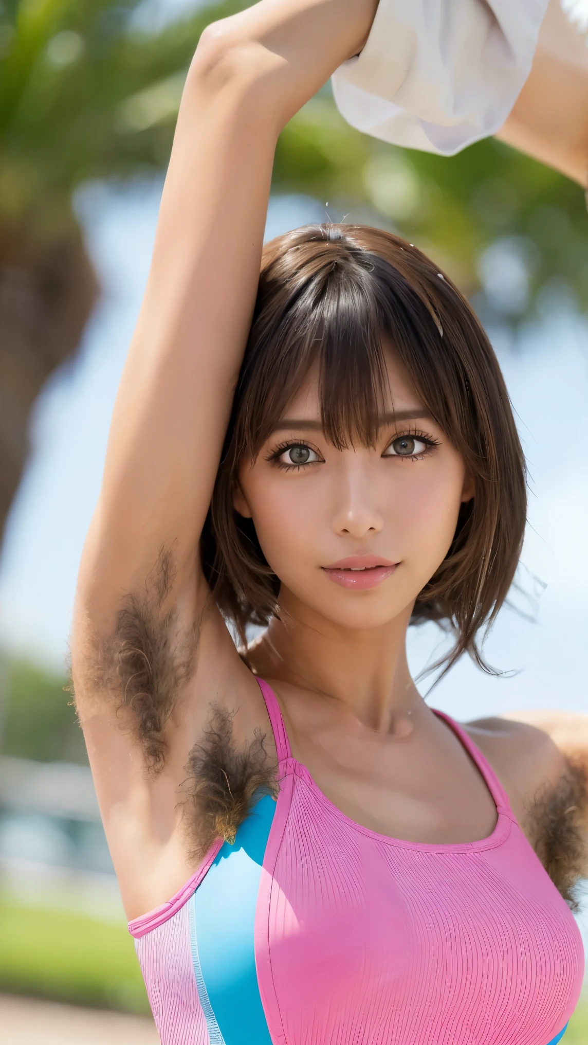 Sexy Big 、 cute beautiful girl with a sexy and cute look and strong texture , beautiful and sexy face、 strong wind, your bangs will wind 、 beautiful , hide cute and sexy eyes with long bangs 、(Raise Both Arms)、( armpit hair:1.5)、( armpit hair:1.5)、( armpit hair:1.5)、( armpit hair:1.5)、( armpit hair:1.5)、 park on a clear day 、pink competitive swimsuit、