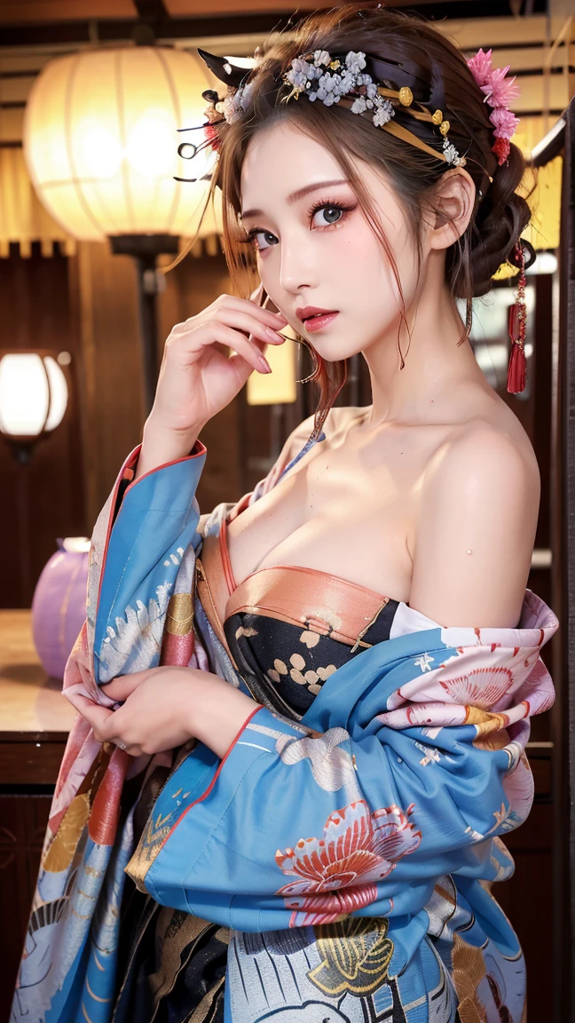 ((masterpiece(:1.4)，Highest quality，Ultra-high resolution，Highest quality，8k，Extremely detailed，In detail))。night，Japanese，A beautiful woman，Big Breasts，Gal Makeup，Oiran，Long-sleeved kimono，Hair tying，hair ornaments，smoke tube，geta，Gorgeous and luxurious，(遊郭でOiranに扮したアイドルのスナップ写真)，Hyper Quality，Realistic，Actual person