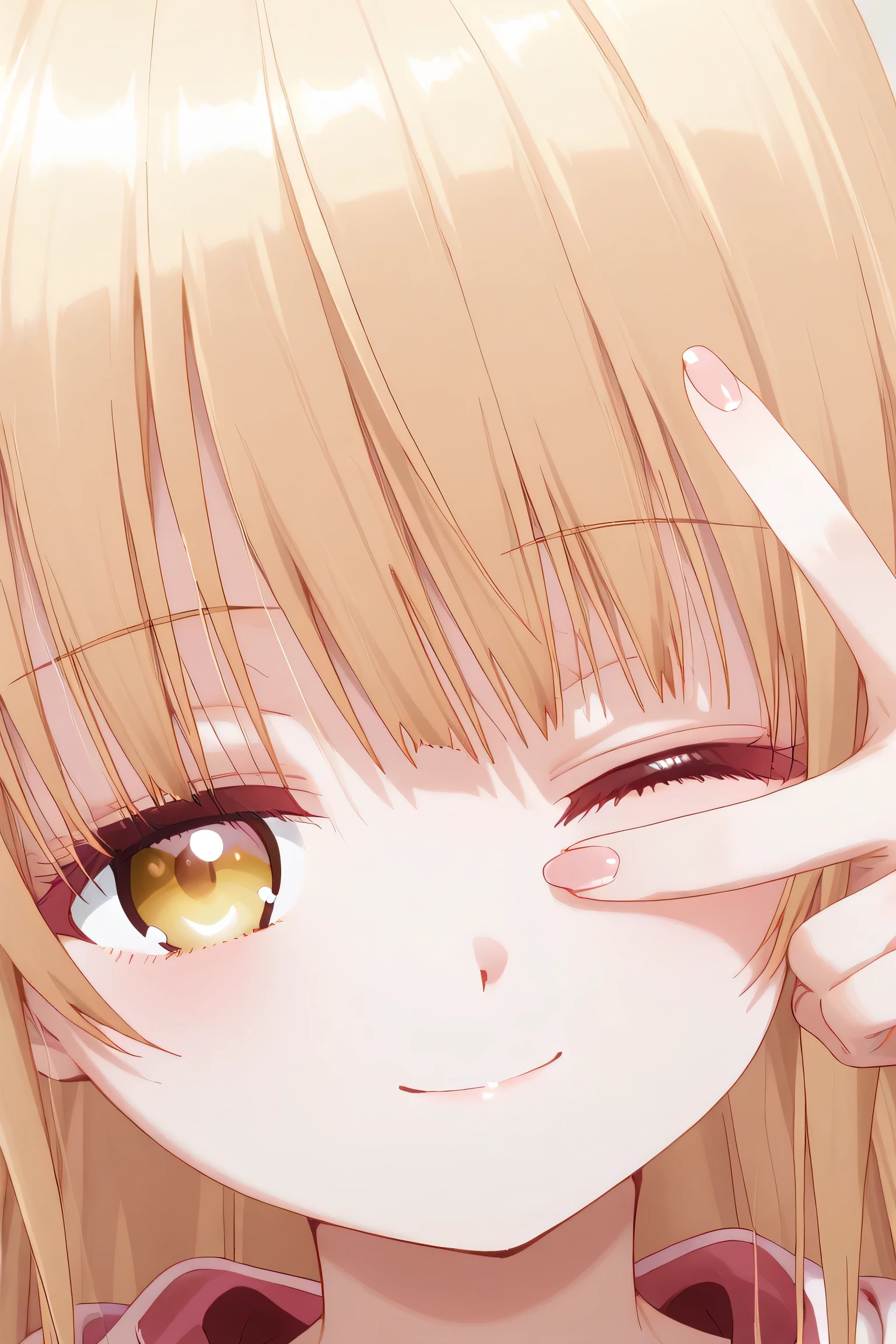 Mahiru Shiina: cropped hoodie, white shorts, Cute anime girl with straight long hair, winking with one eye closed, making a V-sign (peace sign) with fingers over her open eye, smiling gently, wearing cozy clothes, soft pastel lighting, close-up portrait style
