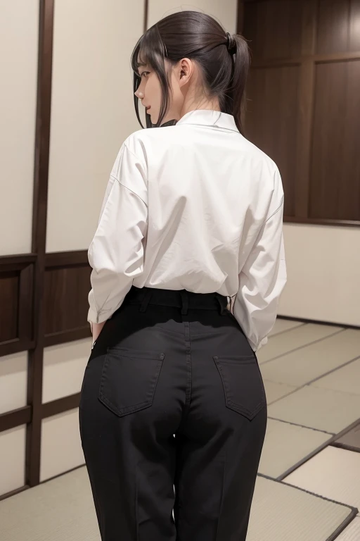 ((Backwards:2.0)), ((Collared shirt:2.0, suspenders:2.0, pants:1.8)), (clothing:2.0, Skinny jeans:2.0, suspenders under collared shirt:2.0, A bow tie:1.2, sneakers:1.5), ((city:1.5)), ((Grin:1.2, Small breasts:1.5, thin:1.5, Small Ass:1.5)), ((Japanese, 1 girl, 18-year-old, 7 heads, Ideal body type, Black Hair, With bangs, Small breasts, Erect nipples, thin, Small Ass, Beautiful legs, Thin legs)), Surrealism, Cinema Lighting, Written boundary depth, First Person View, Boobs F/1.8, Ticker, Collect and organize, ((Anatomically correct:1.3)), Super detailed, Awards, highest quality, High resolution, 135mm, High detail, masterpiece, Textured skin, high quality, 8k