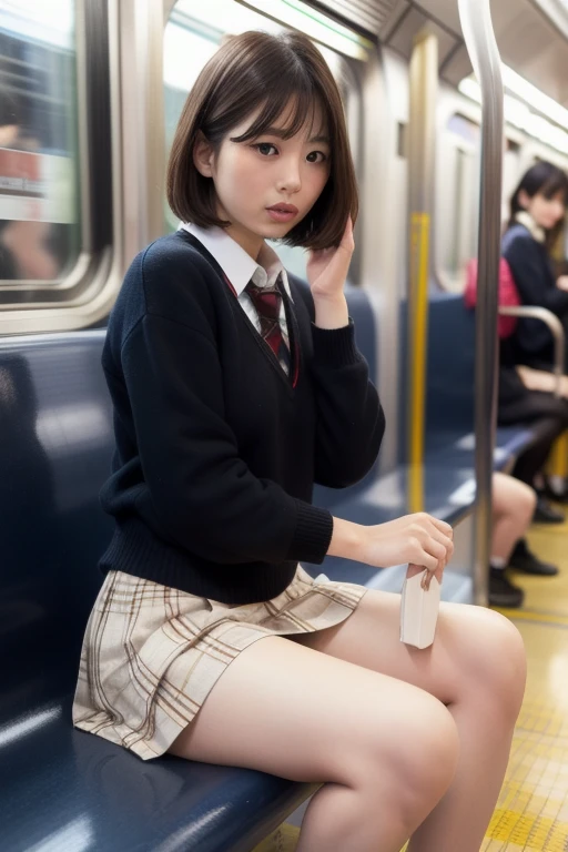 (High school girl sitting on a seat in a Japanese train:1.2、sit in a train seat、Face to face)、((school uniform、White blouse、(Navy blue checkered pleated skirt:1.2)、Navy blue socks、loafers、Detailed white panties、Over the knee socks:1.4、Absolute area)、(Sports Bags、The straps of the bag pass between the chest、Equipped:1.5)、(Realistic、Like a photograph、Live Action、8k, Realistic, RAW Photos, Best image quality: 1.4), Single-lens reflex camera、RAW Photos, Highest quality, Realistic, Highly detailed CG Unity 8k wallpaper, Written boundary depth, Cinematic Light, Lens flare, Ray Tracing, Realistic background、((Ultra-Dense Skin))、 Girl after school,Cute Japanese、(whole body:1.5)、Very detailedな顔,avert your eyes:1.1、(short hair:1.2、Short hair blowing in the wind:1.4)、I like that style、stylish、Very detailed、Pay attention to the details、Perfect outfit、(Sunburned skin)、View from above、Accurate hands、Accurate legs、Detailed hands and fingers、Anatomically correct body、Thin legs、Thin thighs、Small breasts、Very detailedな顔