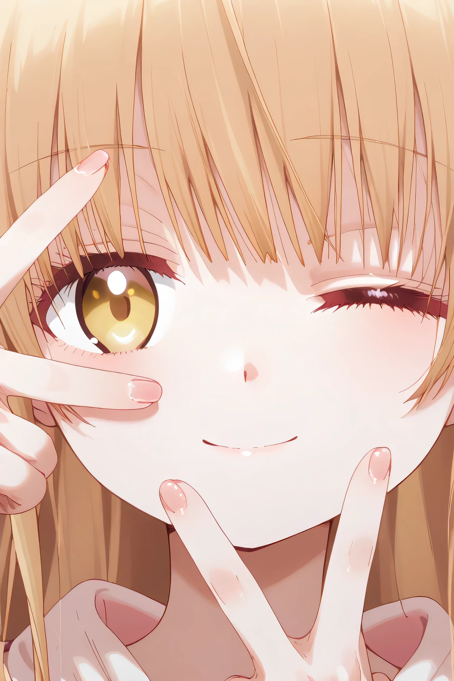 Mahiru Shiina: cropped hoodie, white shorts, Cute anime girl with straight long hair, winking with one eye closed, making a V-sign (peace sign) with fingers over her open eye, smiling gently, wearing cozy clothes, soft pastel lighting, close-up portrait style