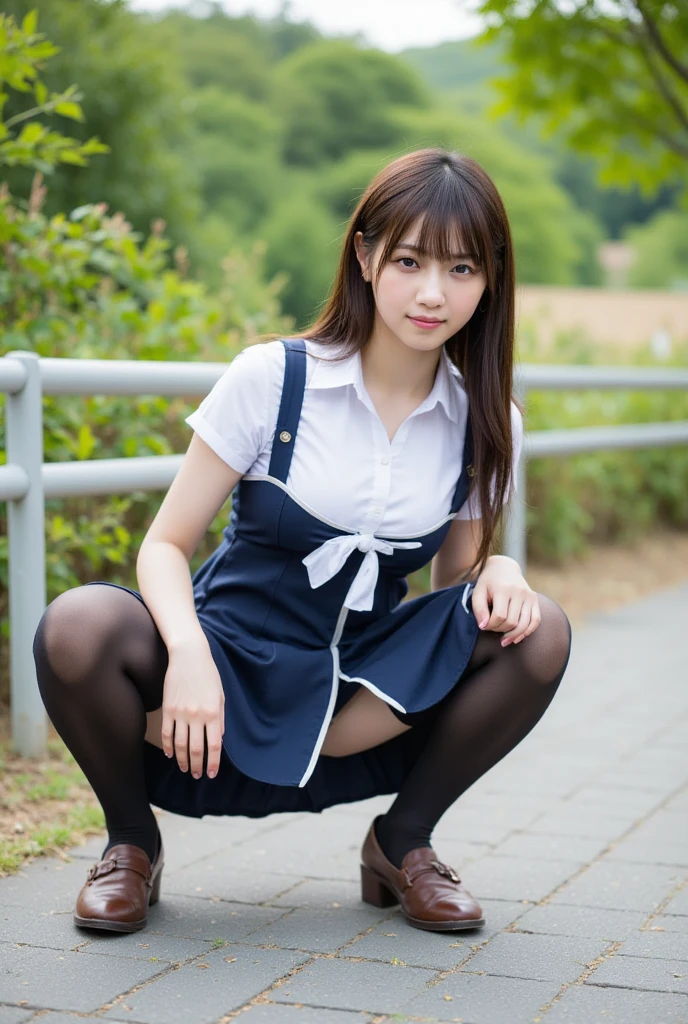 Squatting, elaborate legs, raw photos, masterpieces, top quality, high-resolution, cute Japan, big, embarrassing, blushing, one girl, attractive body, faded ash-gray hair, wavy long hair, school uniform, thighs, white socks, seraphuk, very short skirt, school bag, loafers, white pantyhose, panty shot, soaring skirt, ((The wind blows from below, Skirt flips up)), fluttering skirt, fluttering hair, panties, blush, evening, woman with gust of wind blowing up from below and skirt flipping up, revealing white pants, looking at this, upward