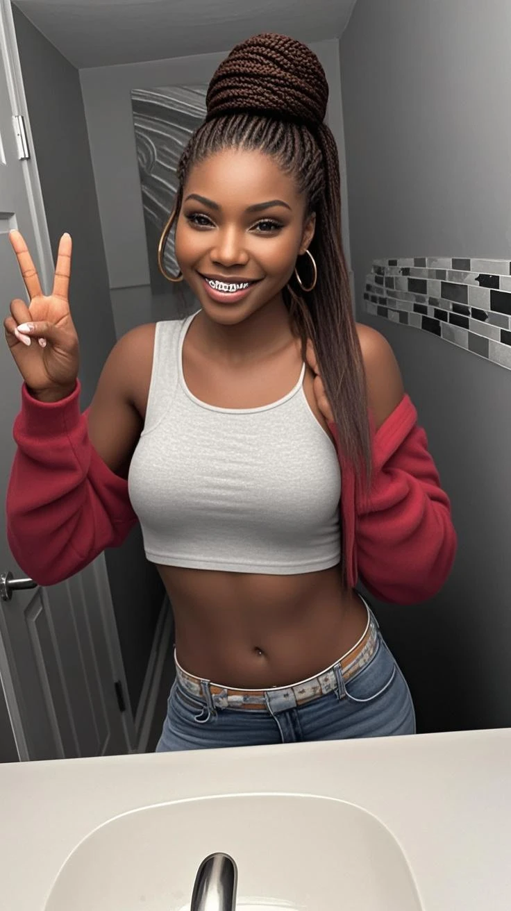 brown skin woman with long light brown hair wearing a white long sleeve tshirt, open abdomen, happy smile, black skin, upper body selfie, selfie, model pose, model
