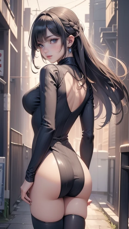 8K, masutepiece, Raw photo, Best Quality, Photorealistic, Highly detailed CG Unity 8k wallpaper, depth of fields, Cinematic Light, Lens Flare, Ray tracing, (Extremely beautiful face, Beautiful lips, Beautiful eyes), intricate detail face, ((Ultra detailed skin)) 1girl in, In the Dark, deepshadow, Pretty Korean girl, Kpop Idol, 1 girl, (Very slim and slender fit muscular body:1.3), ((Looking at Viewer)),(Big smile:1.3), (Blurred background),(No people in the background:1.3), Beautiful earrings, Bracelets, pantyhose, Clear eyes, Walking, (pale skin), (Big eyes), Face forward, (Brown hairs), (Full body shot), ((Blue cheongsam:1.3)), ((tight fitted)), , (Looking at Viewer:1.3) opened breast, Very slim, medium breasts, backtrack, (Back shot), ass forcus, Before the eyebrows,(Tight Dress), thick thighs,Frameless glasses,Beautiful ponytail,