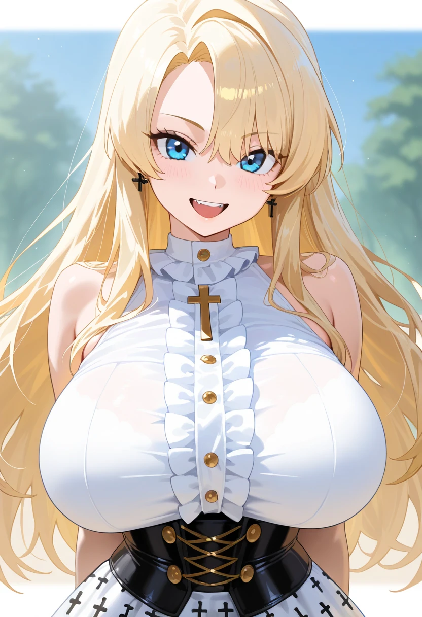 masterpiece, Highest quality, Official Art, Highly detailed CG Unity 8k wallpaper, Detailed Background, (Handcrafted by Guido Daniele), (Finger details), Mature Woman1, (Curvy), (Nuns),  (standing in church), (Nuns gown:1.12), (Chest curtain:1.4), (Nuns skirt:1.11), (White Garter Straps Garter Belt:1.12), (Blonde long hair:1.12), (Hair intake:1.12), (Green Eyes:1.2), blush, (Loving smile, holy smile), ((Huge breasts:1.5、Sagging breasts:1.5、Long Breasts:1.3、sagging breast:1.5)), Tight waist, Shiny skin, (Cross Necklace), indoor, (Sacred Scene), (church:1.11), (Sunlight streaming through stained glass),Mature Woman、((sit、足を広げてsit))、Monastic Clothes、White panties、Photographed from diagonally in front