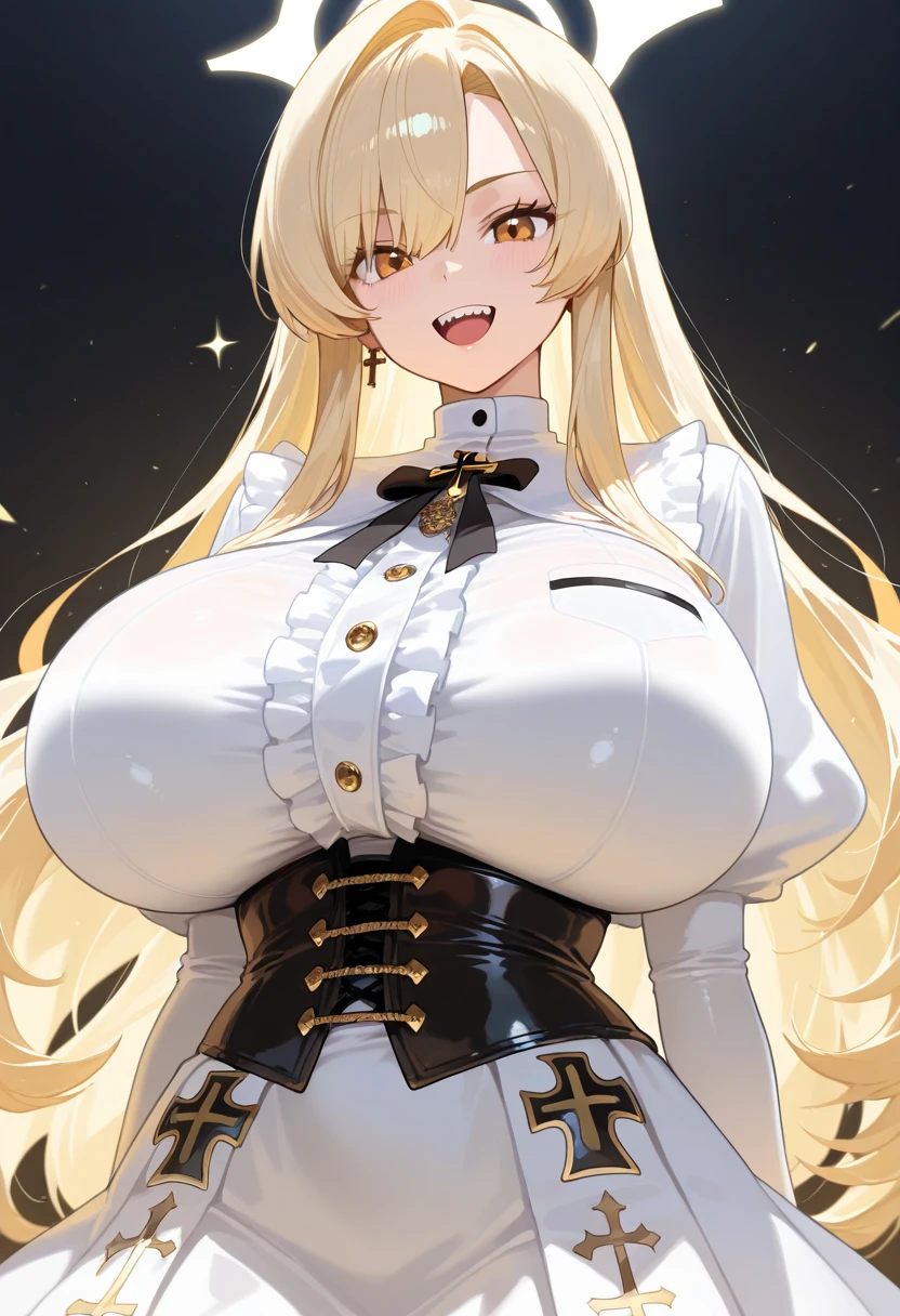 tall woman, volumptious body, long blonde hair, glasses, seductive smile, evil smile, evil eyes, yellow eyes, white military uniform, white coat hanging on the shoulder, deepgrab, groping breast
