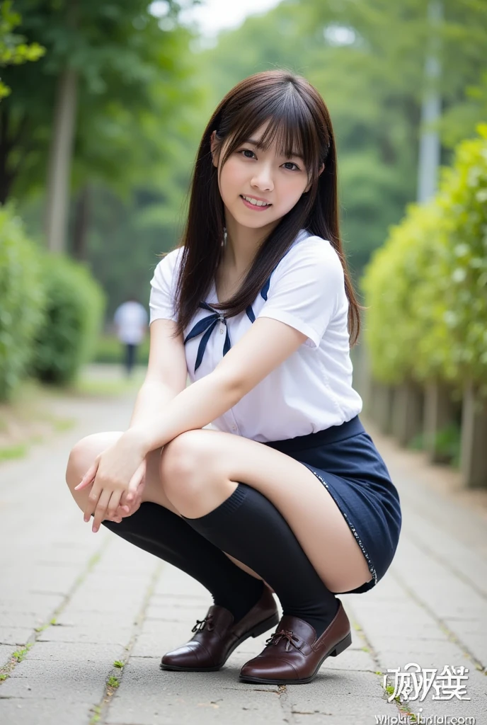 laughter、I can see white panties,Hairstyle is short cut and side waves,