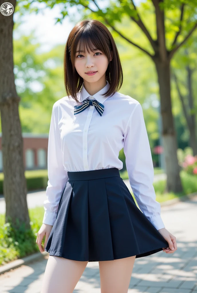 (((​masterpiece))), (((Full body photo)))， (One beautiful Japan girl, Innocence，kawaii) ，超A high resolution, Realistic, ultra-detailliert, 8K,top-quality, Extremely detailed, Detailed background,A slender,very beautiful japanese girl, Detailed face:1.3), (short-haired,I tie my hair short and put it up..，Cute Hair Ornament，A dark-haired :1.4), (a baby face，kawaii系,adorable 10 year old girl), (Perfect body:1.1),  (White shirt，Red plaid mini skirt、Dark blue high socks、lowfers), On the lawn of the park，ask for a smile,Show your beautiful teeth,((Focus on the crotch，The hem of her skirt is lifted so you can see her panties.)),sexy  pose，rosy cheeks，Super Detailed Face、Detailed lips、A detailed eye、small gravure idol，Transparent skin、Lolita，japanese hight school uniform，Photorealistic:1.37，no-makeup，Neutral Lighting,I'm in the pool,absurderes