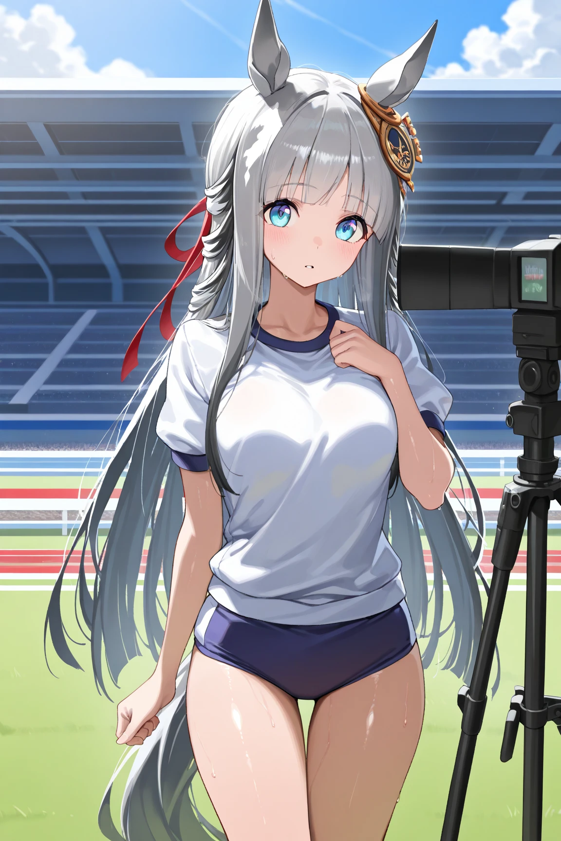 RAW Photos, Highest quality, High resolution, Very detailed、 8K image quality、Cheerleader、skirt、13 years old、Stadium、On all fours、Nipples are see-through with sweat、Shooting from behind