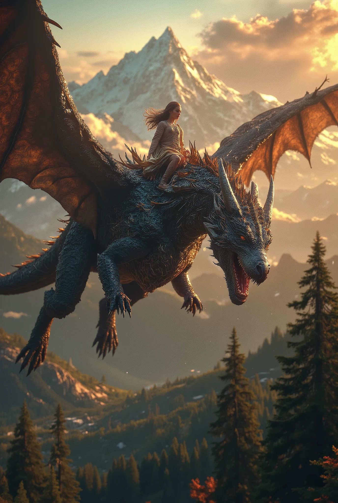 a majestic dragon,fantasy movie setting,beautiful woman,detailed dragon,large wings,sharp tal