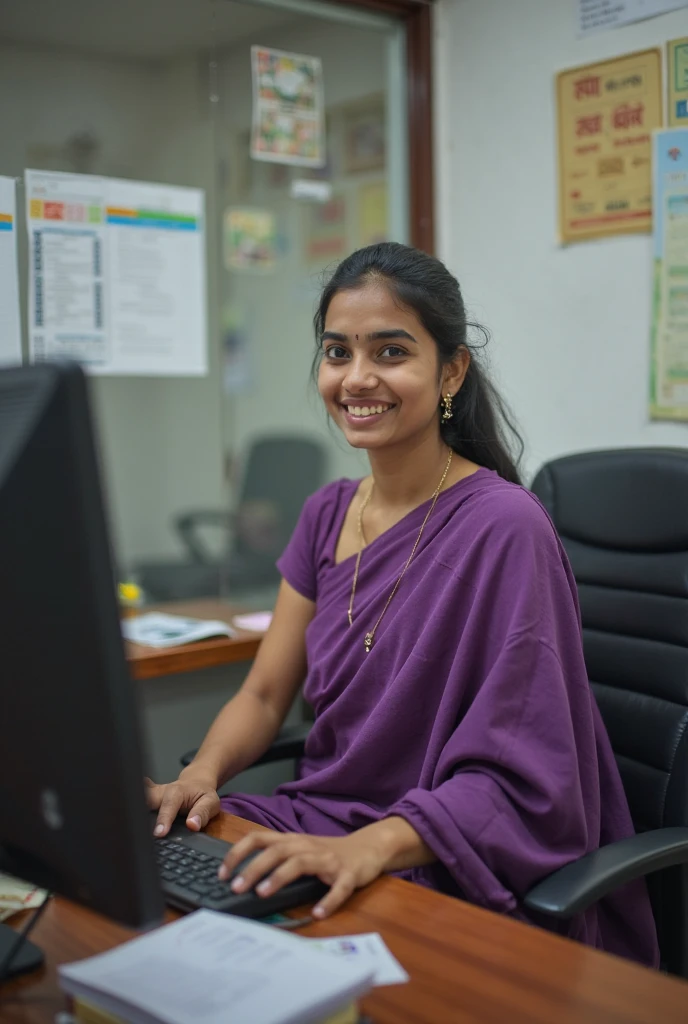 Indian woman in blue shirt standing in office 