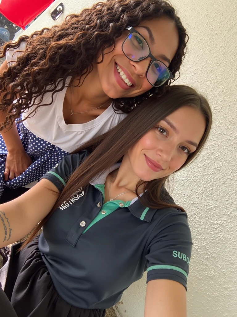 Dois adolecentes (um menino e uma menina) sentados em uma mesa de escola em um corredor de escola (um do lado direito e o outro do esquerdo)