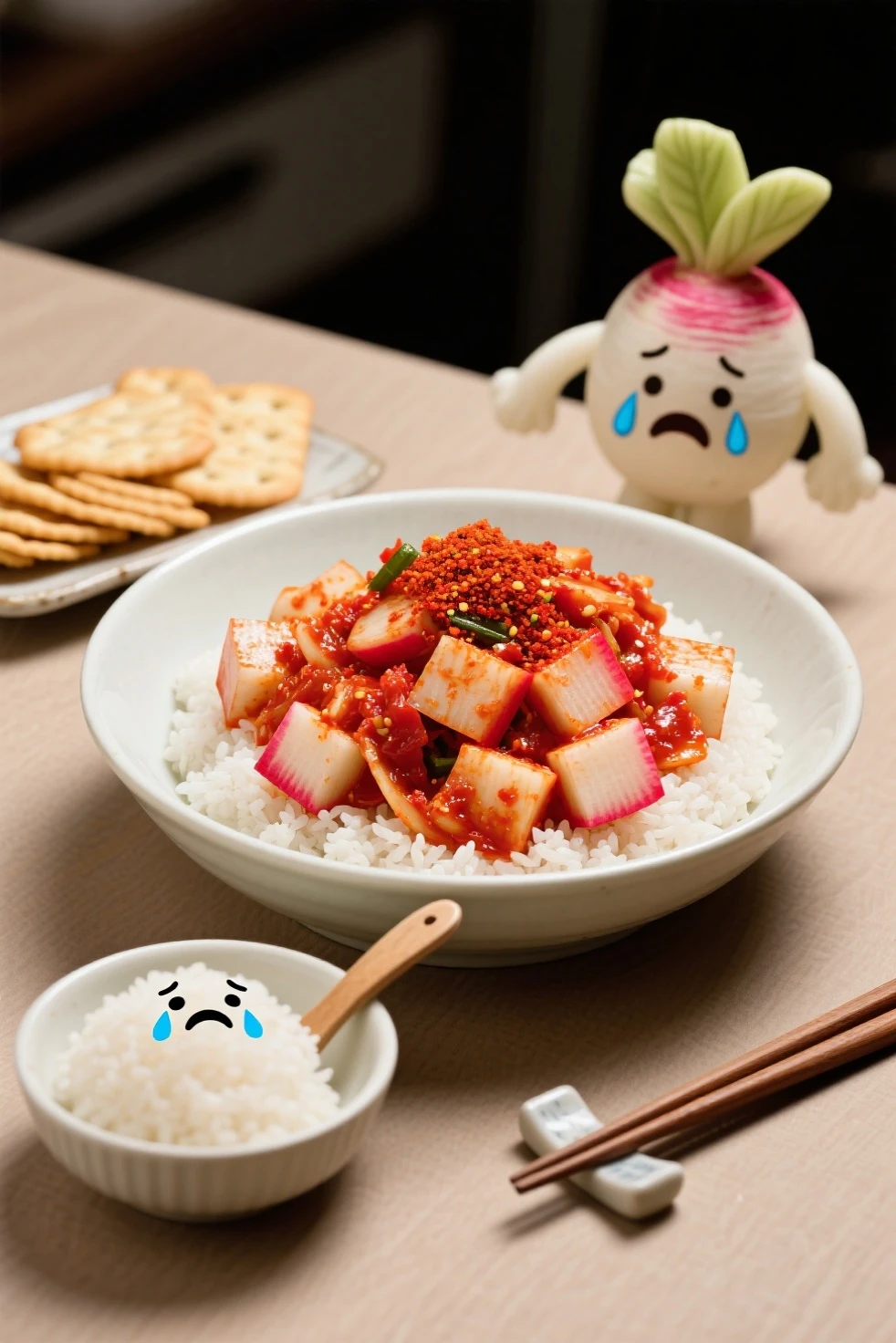 red daikon kimchi mixed with red pepper powder, A dish made by cutting radish into cubes and adding red pepper powder, The rice bowl is large, , the sundae gubap is a small bowl, spoon , Chopsticks , next to the rice crackers on the table and sundae gubap, The characters of the radish sculpture cut into cubes are crying..
