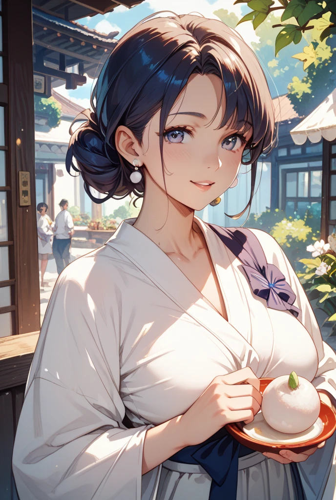 (score_9,score_8_up,score_7_up,score_6_up),masterpiece,best quality, source anime, rating_explicit, (((masterpiece))), (((best quality))), ((ultra-detailed)), ((illustration)), (1girl), (beautiful Japanese woman), (long black hair), (brown eyes), (simple background), (wearing traditional kimono), (detailed face), (perfect anatomy), (detailed light and shadow), (soft lighting), (serene expression), (minimalist style),(cleavage:1.2),(bloom)