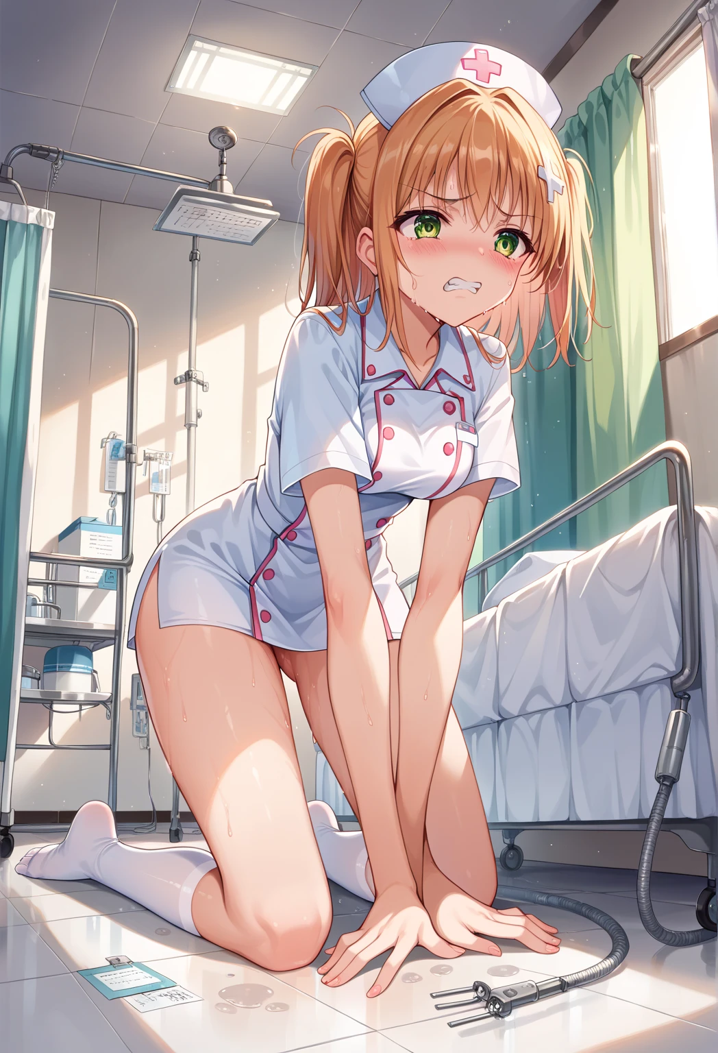 masterpiece, absurdres, best quality, ultra detailed, high Resolution, detailed illustration, bright colour, (extremely beautiful detailed face and eyes, Delicate beautiful face, 1 girl, cute face:1.3), (magenta eyes:1.1), sparkling eyes, big eyes, medium breasts, (perky breasts:1.1), (pointy breasts:1.1), medium hips, glamorous body, white skin, BREAK, long bob cut, (blonde hair:0.8), messy hair, detailed hair, shiny hair, BREAK (undressed, nurse:1.5), (hospital, SEX:1.3), perfect lighting, (embarrassed:1.5), (???????, vulgarity:1.5), (trembling:0.8), BREAK, (peeing self, pee on legs, wet crotch, yellow pee, having an accident, pee leak:1.3) 