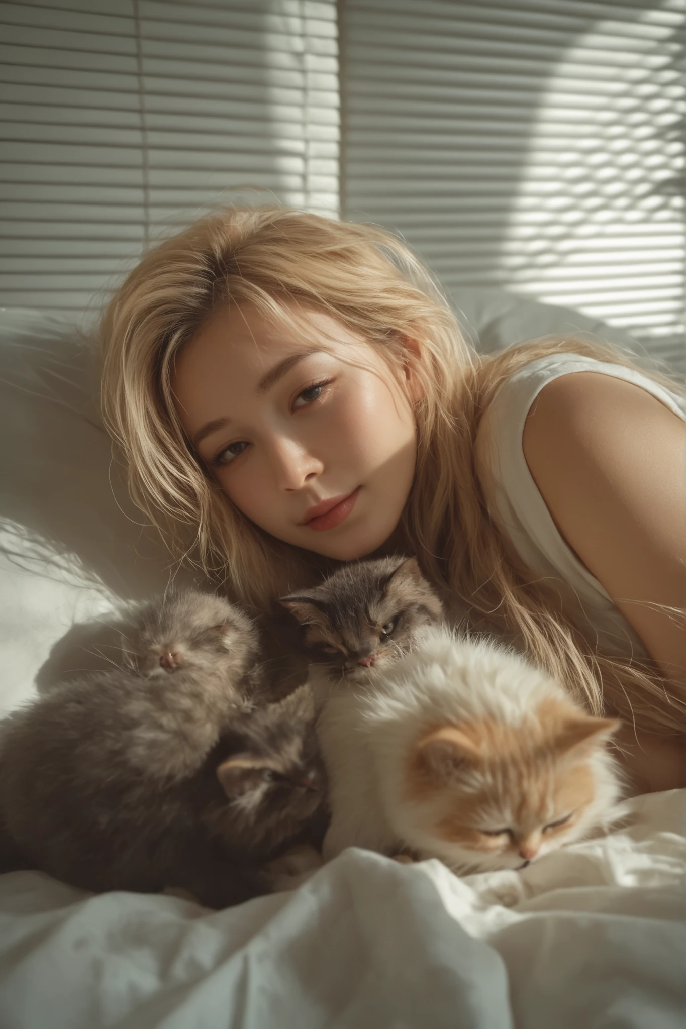 A beautiful woman taking a nap with many kittens. She closes her eyes and dozes off while stroking the cats. 8k, highest quality, masterpiece, realistic, ultra detailed, best quality, ultra high res, slow motion, smooth transitions, temporal coherence, The face is clear and unchanged, preserving its original identity.