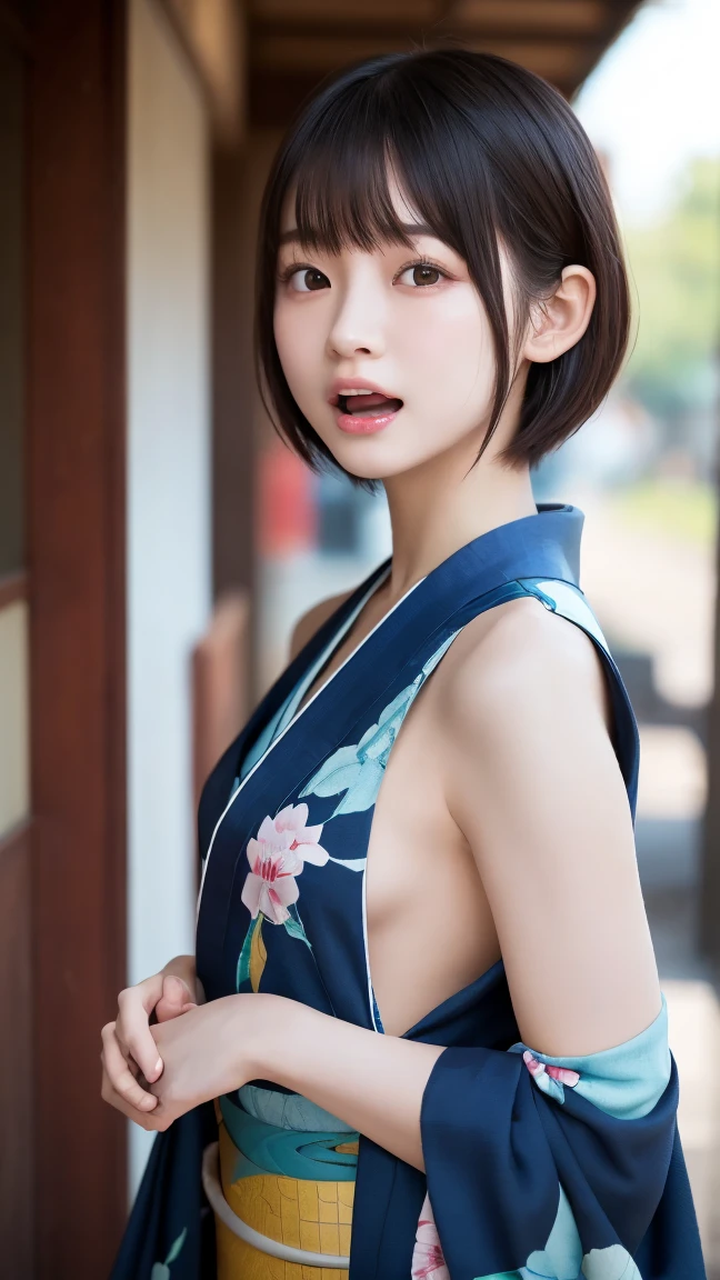 A Japanese girl is siting near big river,small mouse, small nose ,exquisite and beautiful face, charming fragrant shoulders, shoulders slightly exposed, hair ornaments ,smile with teeth, peach Red lips, tender and smooth skin,(white skin:1.2),black hair,short hair,(smile:1.2),very realistic details,  ultra-high resolution,bokeh,outstanding details, 8K