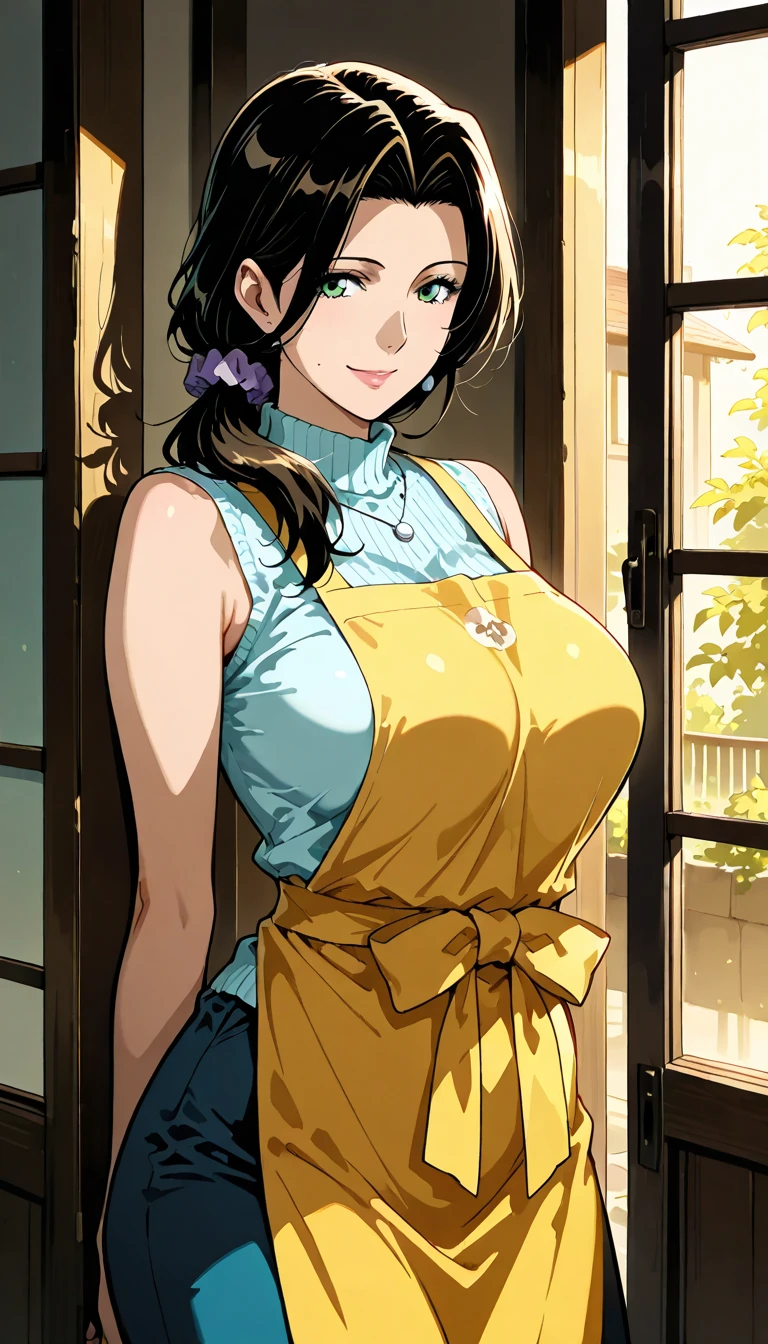 (((Yellow apron)))、High resolution、high quality、masterpiece、(Pink Sweater)、In the garden of the house、Big Breasts、(Dark blue jeans)、smile、Big Breasts