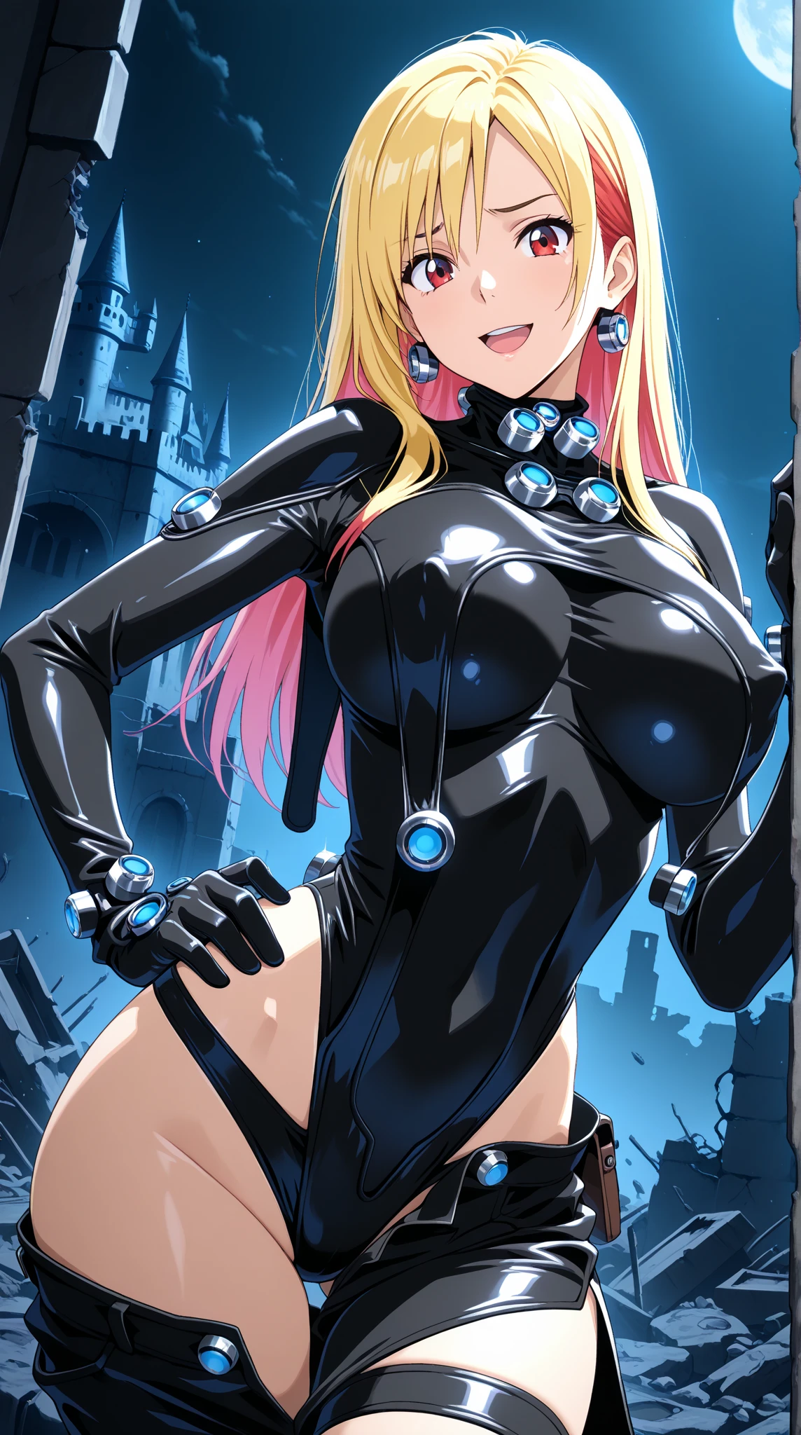 ((high resolution, masterpiece, high quality)), anime style, perfect face, <lora:FifthsAngels:.8>, Iris, Angelsuniform, unzipped, cleavage, large breasts, (black bodysuit), glowing blue armbands, glowing blue corset, ((extremely glossy)), short blonde hair, (blushing, embarrassed), nun, habit, <lora:iris:.8>