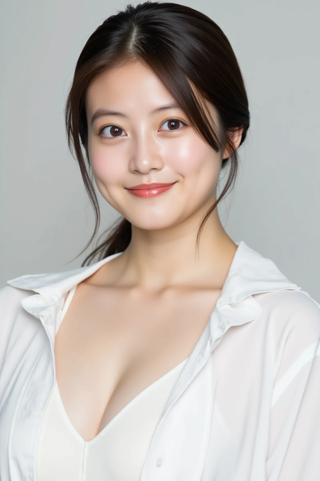 Authentic, highest quality, high resolution, natural skin, portrait, Japanese woman, regular woman, smile, sexy mature woman, in front of a white wall, above the knee, lightly dressed, cleavage