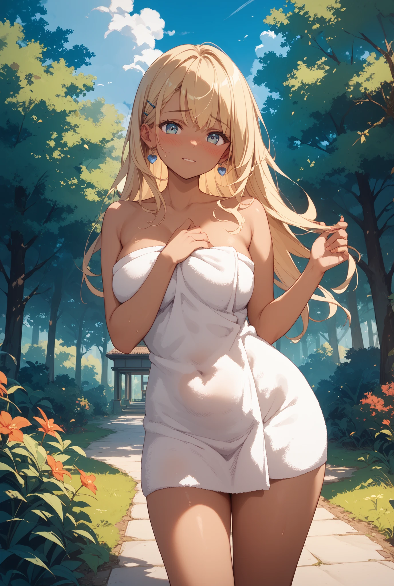 blonde, green eyes, ロングヘアー,bottomless, embarrassed face