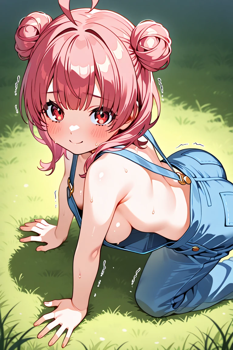 ((((best quality, 8k)))), (((blushing, shocked, perfect body, pussy ass))), ((beautiful nude girl)), tiny, double ponytail hair, garden