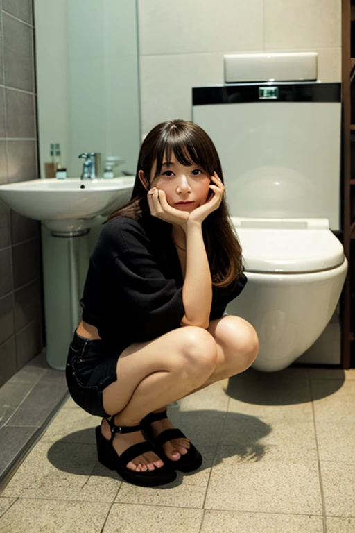 Top quality, masterpiece, ultra high definition, (photorealistic: 1.4), raw photo, single girl, black hair, shiny skin, full body,, full body photo, nubra, huge breasts, high exposure, sitting on the toilet