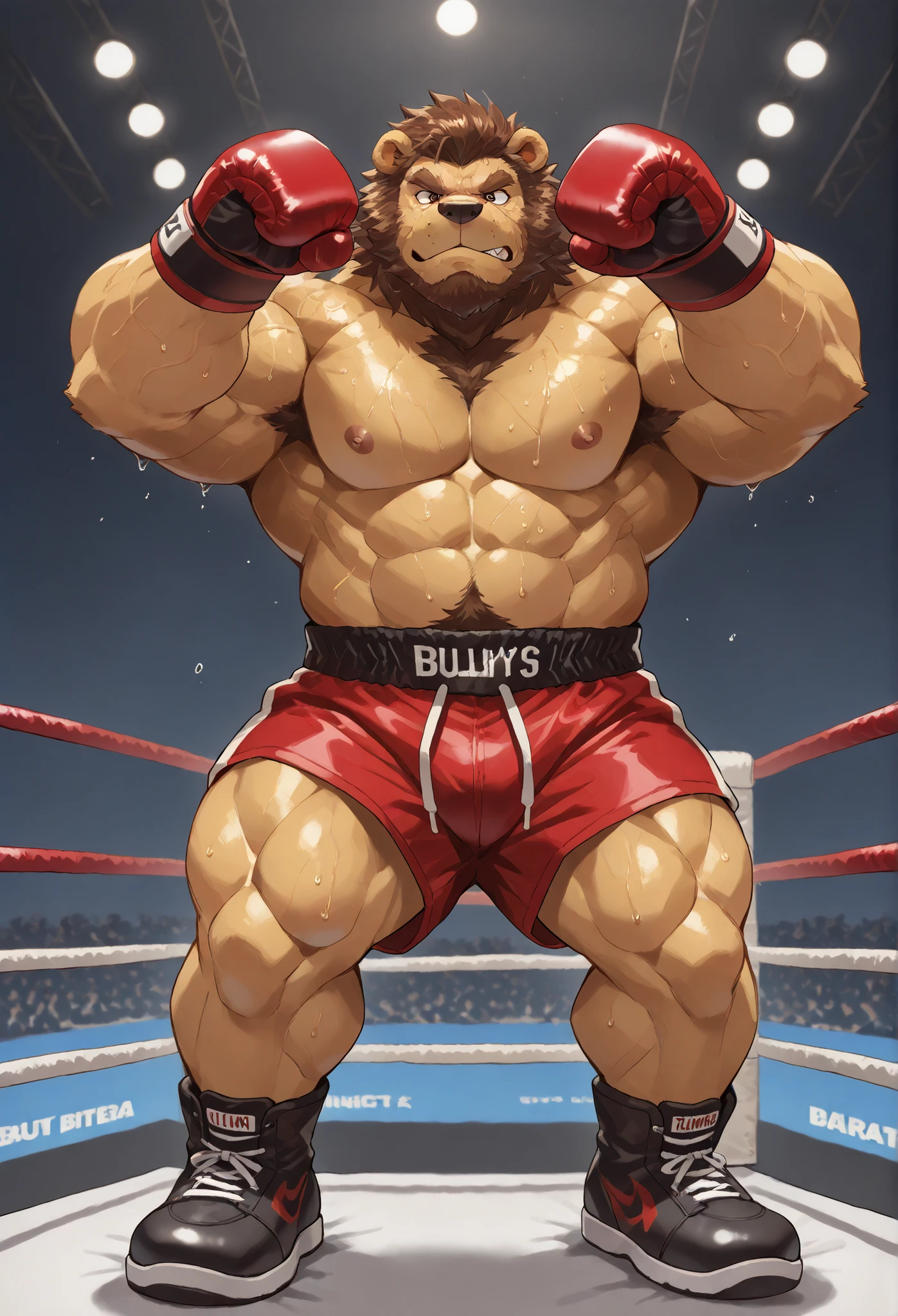 ((solo)), (anthro:1.2) bear (lora; little john), adult, (athletic:1.4), (dense muscles), (super strong:1.4), (correct anatomy:1.2), (broad shoulders:1.2), (heavy build, massive body:1.6), (realistic fur, detailed brown fur texture:1.3), detailed background (corner of the kickboxing ring:1.6), photorealistic, (black compression shorts), (bare torso:1.4), (foowear:1.2), (detailed clothing), hyperrealistic, ultradetailed, (by wfa:1.2), (by takemoto_arashi, by vorusuarts, by Traver009:1, by grimfaust:1), natural lighting, (wet. sweat:1.4), exhausted, ursine head (open eyes, brown mane), (steaming breath:1.2), ((serious:1.4) expression), (kicking:1.6), (view from right:1.4)