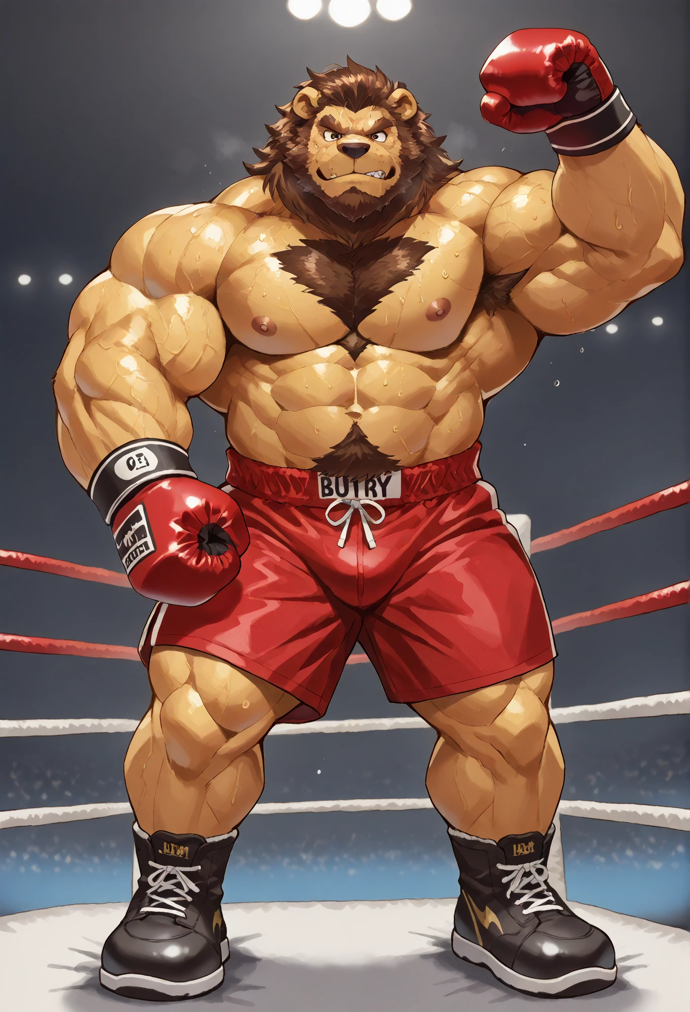 ((solo)), (anthro:1.2) bear (lora; little john), adult, (athletic:1.4), (dense muscles), (super strong:1.4), (correct anatomy:1.2), (broad shoulders:1.2), (heavy build, massive body:1.6), (realistic fur, detailed brown fur texture:1.3), kickboxing martial arts tournament background (corner of the kickboxing MMA ring:1.6), photorealistic, (black compression shorts), (bare torso:1.4), (footwear:1.2), (detailed kickboxing martial arts black shorts), hyperrealistic, ultradetailed, (by wfa:1.2), (by takemoto_arashi, by vorusuarts, by Traver009:1, by grimfaust:1), natural lighting, (oiled up:1.4), ursine head (open eyes, brown mane), (sexy:1.2), ((serious smirk:1.4) expression), (punching:1.4), (view from center:1.4)