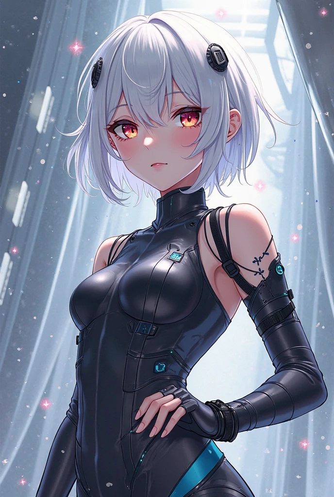 (8k, RAW Photo, Top Quality, Refined Details, Masterpiece: 1.2), (High Resolution 8k Wallpaper), Sharp Focus, Professional Lighting, Depth of Field, Cinematic Lighting, Background Blur, BREAK (1girl:1.4), cute face, pixie cut,hair between eyes, slender line, slim body, (seductive smile: 1.4), (silver latex:1.4), Arm cover silver latex, golden ratio, (beach:1.2),(small breasts: 1.4), (upper body:1.4)