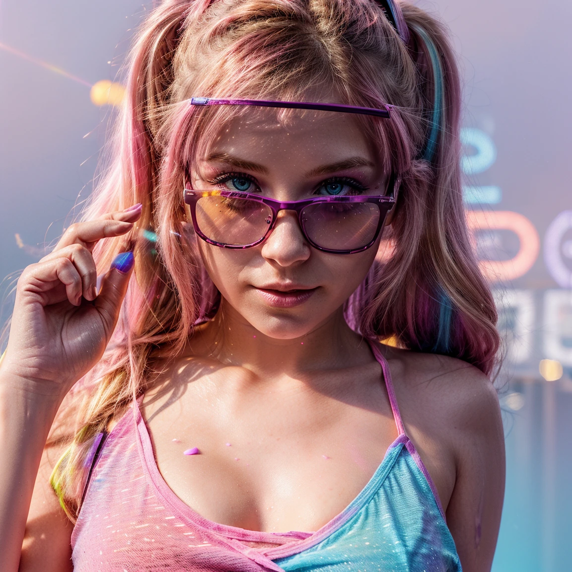 (aerial view,festival:1.2,festival of music,),14 y.o. ginger girl,very pale skin full of freckles, glasses, in neon multicolour dress and white boots walking through the festival entrance, a photo inspired by Lisa Frank, trending on cg society, pop art, bold rave outfit, y2k style, y 2 k style, cute rave outfit, neon vibes, y 2 k fashion, fun rave outfit, rave outfit, wild rave outfit, profile pic,