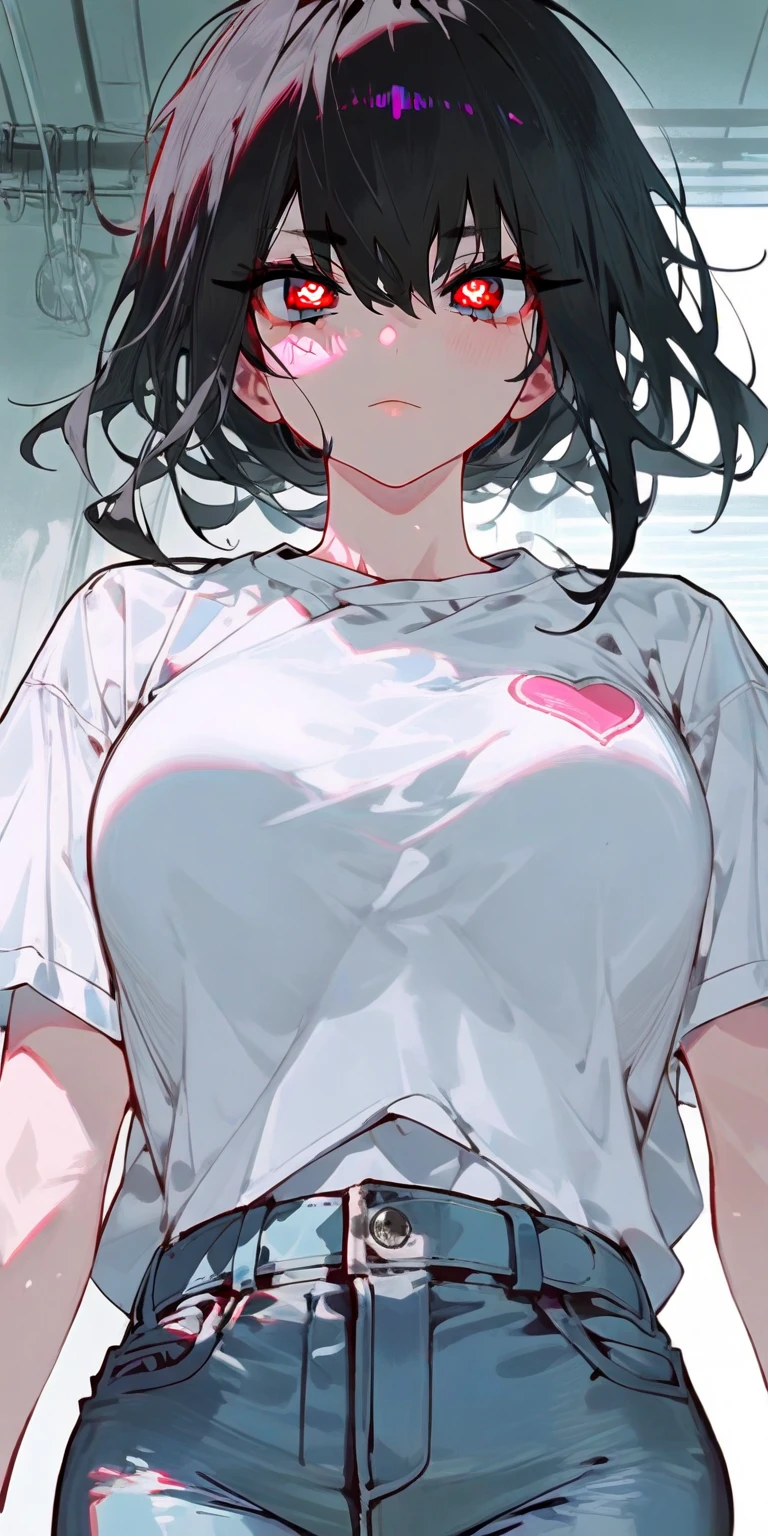 (Masterpiece:1.2, Best Quality), 1 woman, whole body, T-shirt, Casual, big breasts,by the wide vrojo, minimal makeup,pale,Natural fabrics, closeup face, evil smile, bright red eyes circular pupils,8K high resolution, detailed lines, ((whole body))