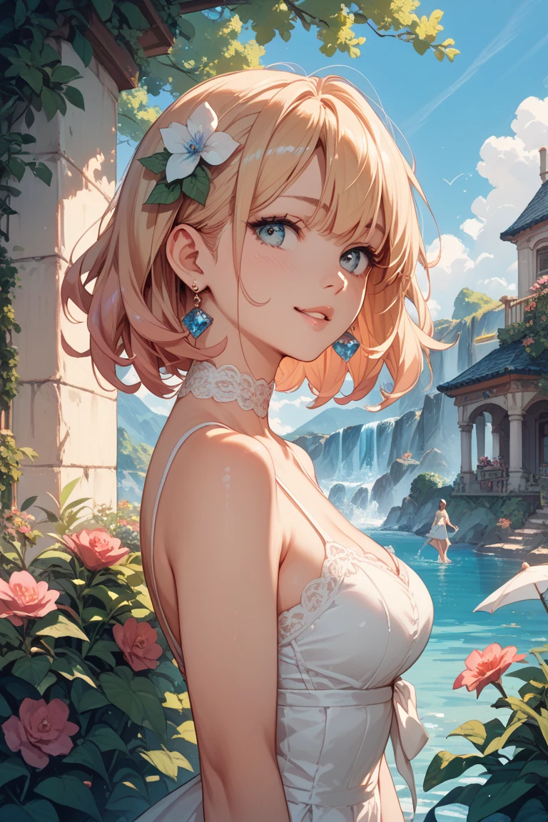 Please create a character called Lena, a beautiful woman who is kind and -loving、and can get along well with anyone with a、F cup。