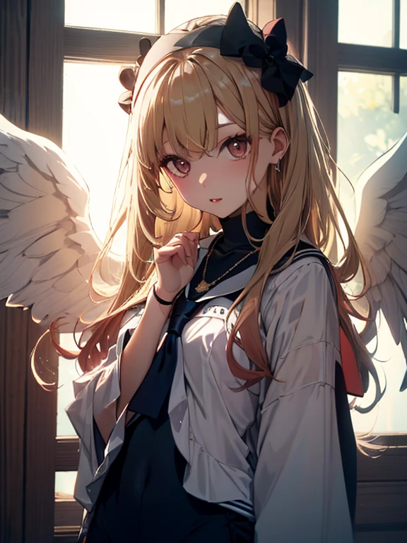 (masutepiece, Best Quality:1.3), (Ultra-detailed:1.3), 1girl in, Solo, ( hair messy, Long hair), (Angel wings, Angel Halo), flat chest, Yellow eyes, (White shirt, black necktie, Black coat, Open coat), Cowboy Shot, Cinematic lighting, (((Glowing particles of light))), (arms behind back), Dynamic Angle,(((Petite girl with blonde twin tails))),(((NSFW))),(((all-fours))),(((red blush)))),(((Shout something))),
