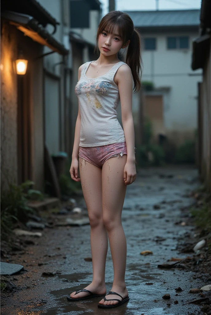 Abandoned dumps，Garbage all over the ground，best qualtiy，Sexy standing pose，full-body portraits（1：1），Random white transparent small underwear and panties，18 years old girls，Slender and slender figure，Skinny，As thin as a whipping post，Smaller bust，The barefoot，Random nudity all over the body，The kinky is exposed ，Expose breasts，Leaky，face to the viewer