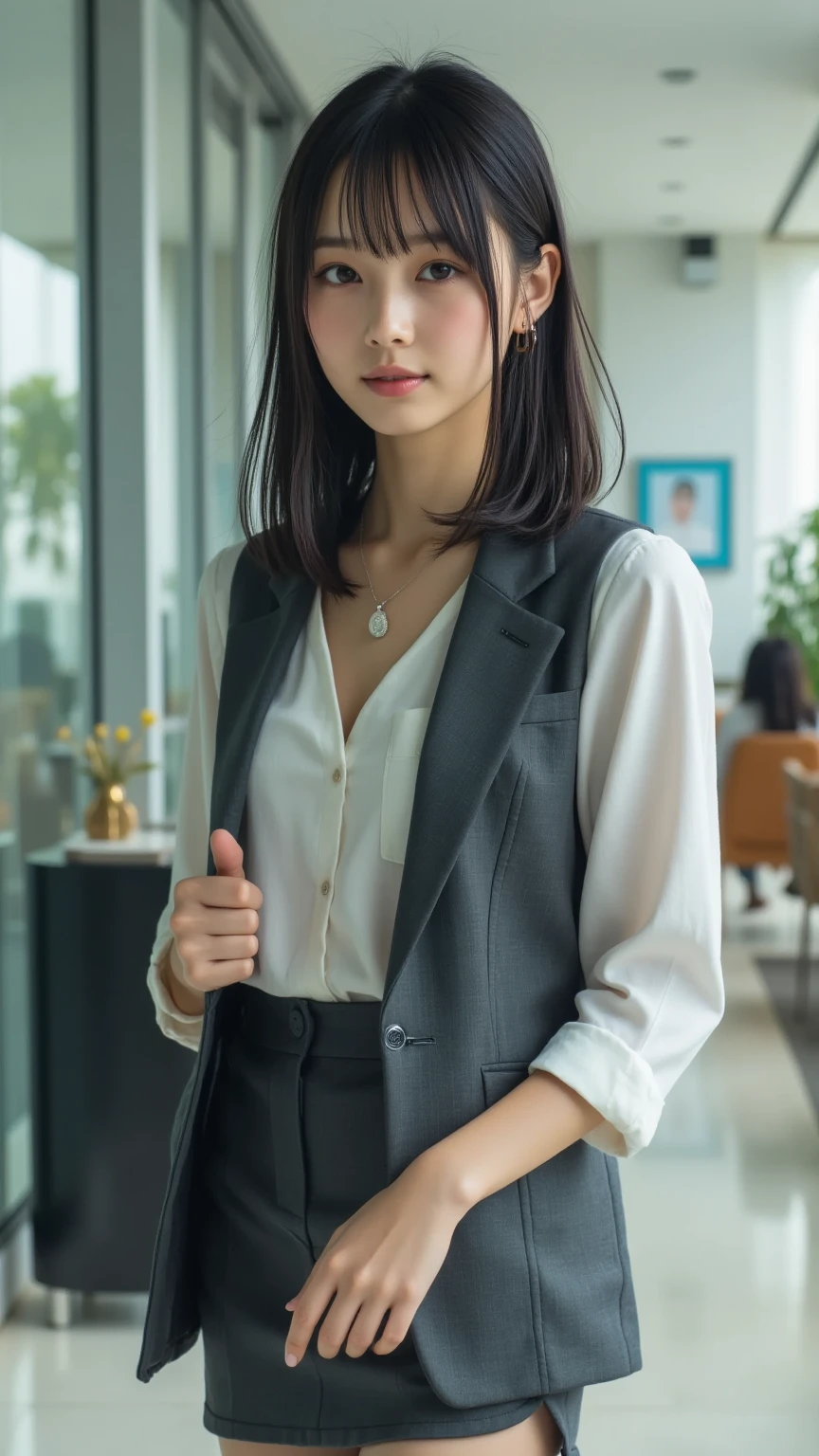 Beautiful Girl, (Pleated Skirt Lifting), ((Show panties)), looking in camera, Angle from below, Shy smile, a blond, ((of the highest quality, 16 K, masutepiece: 1.3)), Light on Face, hyperdetailed face, very detailed lips, Detailed eyes、Colossal tits、爆乳、Wearing a suit、Formalco Steume、At work、s Office、working in an office、A dark-haired、short-hair、Short black hair