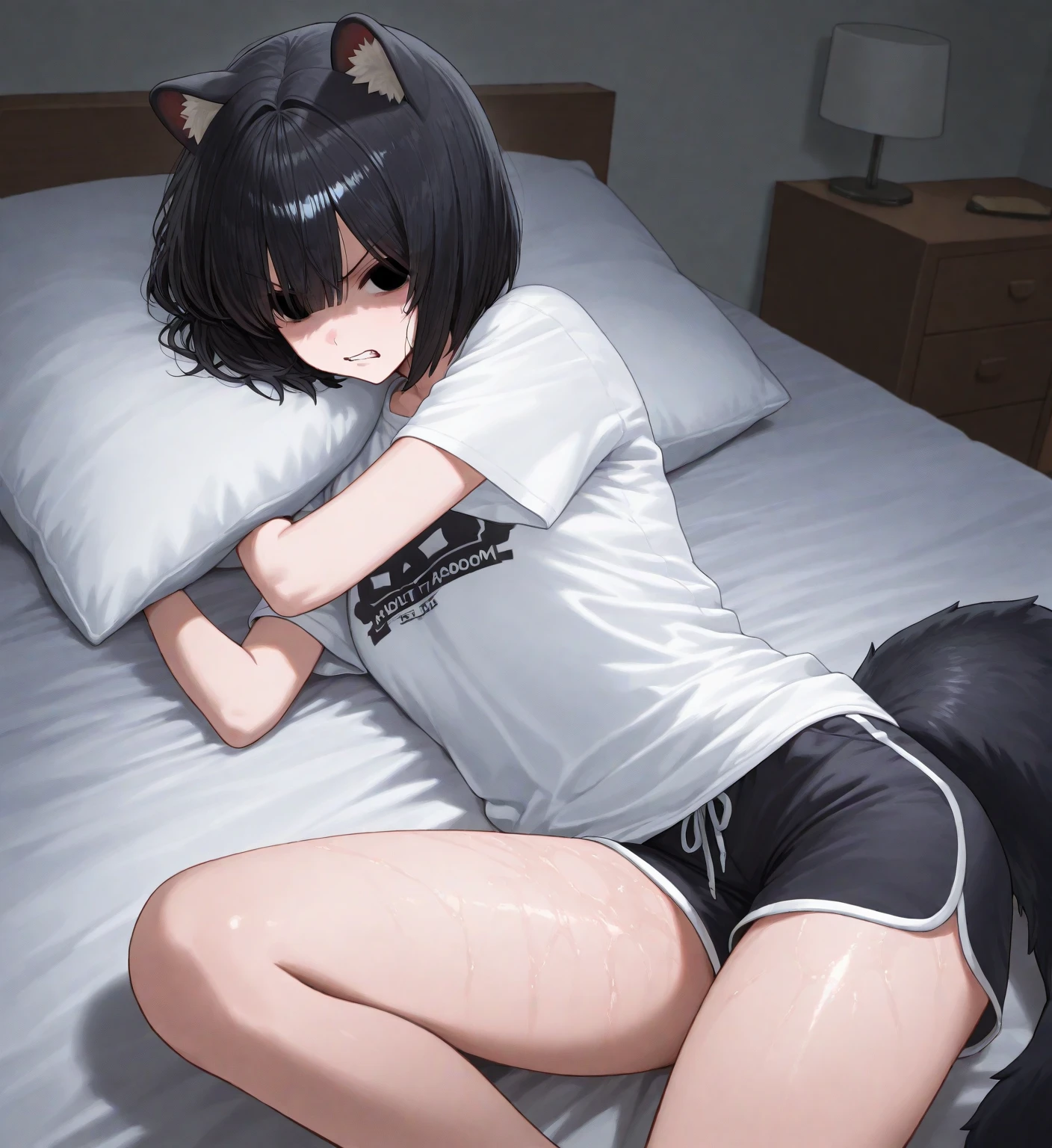 The Sealed Demon King Boy. short hair, topless, Just by wearing cow print clothes. another world. Fantasy. Chained. Hellish Place, Sweaty body, Embarrassed face, White eyes, Bent legs, Lying down, Lift your thighs yourself