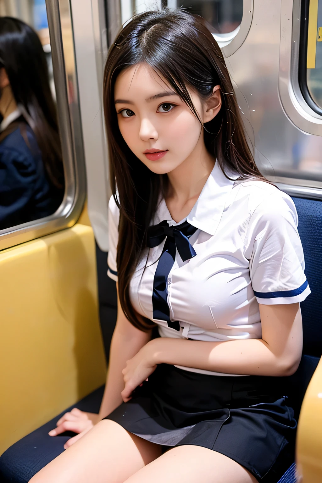 Highly detailed CG Unity 8k wallpaper, of the highest quality, super detailed, masutepiece, Realistic, photographrealistic, extremely detailed cute girl, 25 years old, Round eyes, viewer,  blush, Parted lips, Upper body , (Armpit) , casual blouse , airport , Uniforms stewardess