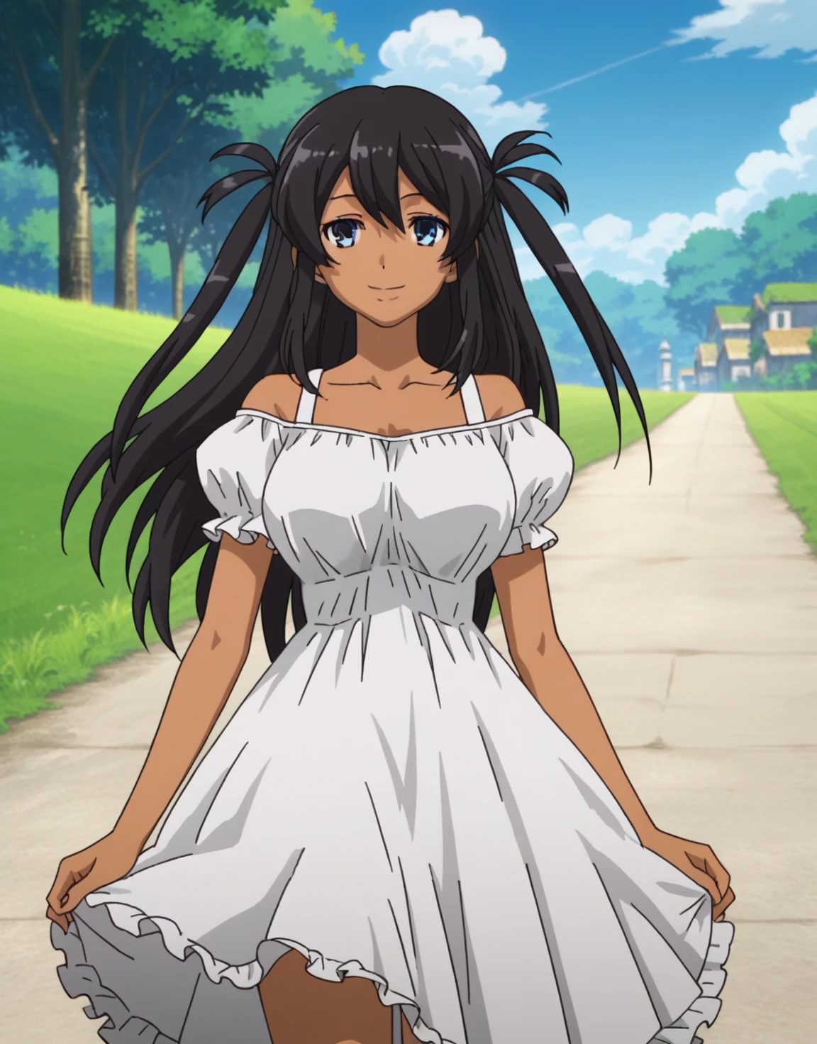 score_9, score_8_up, score_7_up, source_anime,(anime screencap:1.6,),anime coloring,1girl, solo, 
,mutou hana,1girl, solo, long hair,white sundress,outdoors, smile, large breasts, two side up, dark skin, looking at viewer, cowboy shot, 
  ight smile, prairie, wind