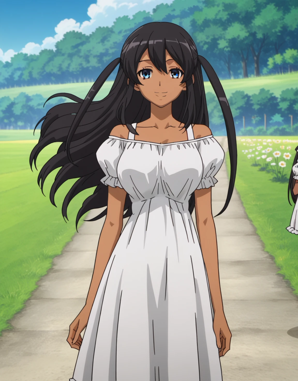 score_9, score_8_up, score_7_up, source_anime,(anime screencap:1.6,),anime coloring,1girl, solo, 
,mutou hana,1girl, solo, long hair,white sundress,outdoors, smile, large breasts, two side up, dark skin, looking at viewer, cowboy shot, 
  ight smile, prairie, wind