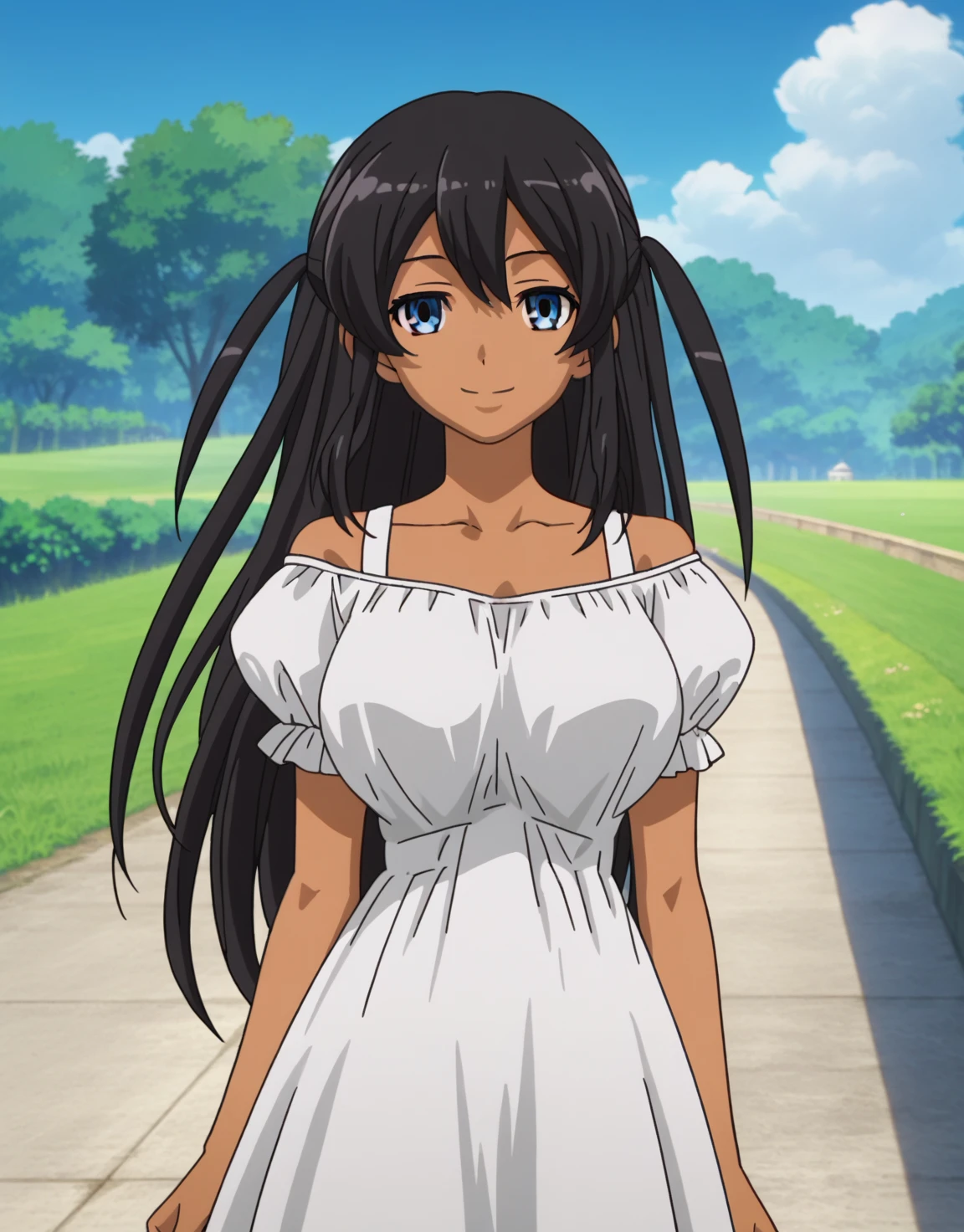 score_9, score_8_up, score_7_up, source_anime,(anime screencap:1.6,),anime coloring,1girl, solo, 
,mutou hana,1girl, solo, long hair,white sundress,outdoors, smile, large breasts, two side up, dark skin, looking at viewer, cowboy shot, 
  ight smile, prairie, wind